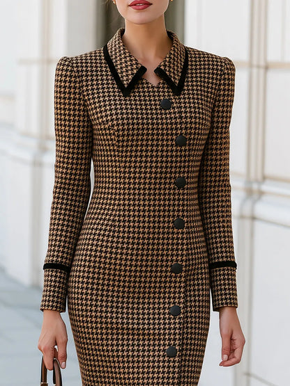 Houndstooth Tweed Midi Dress With Black Velvet Collar Trim For Office & Wedding Guest Occasions