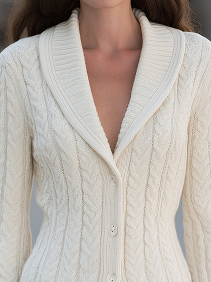 Cable Knit Shawl Collar Button Front Cardigan