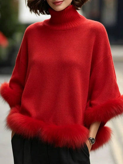 Elegant Turtleneck Detachable Faux Fur Trim Knit Sweater
