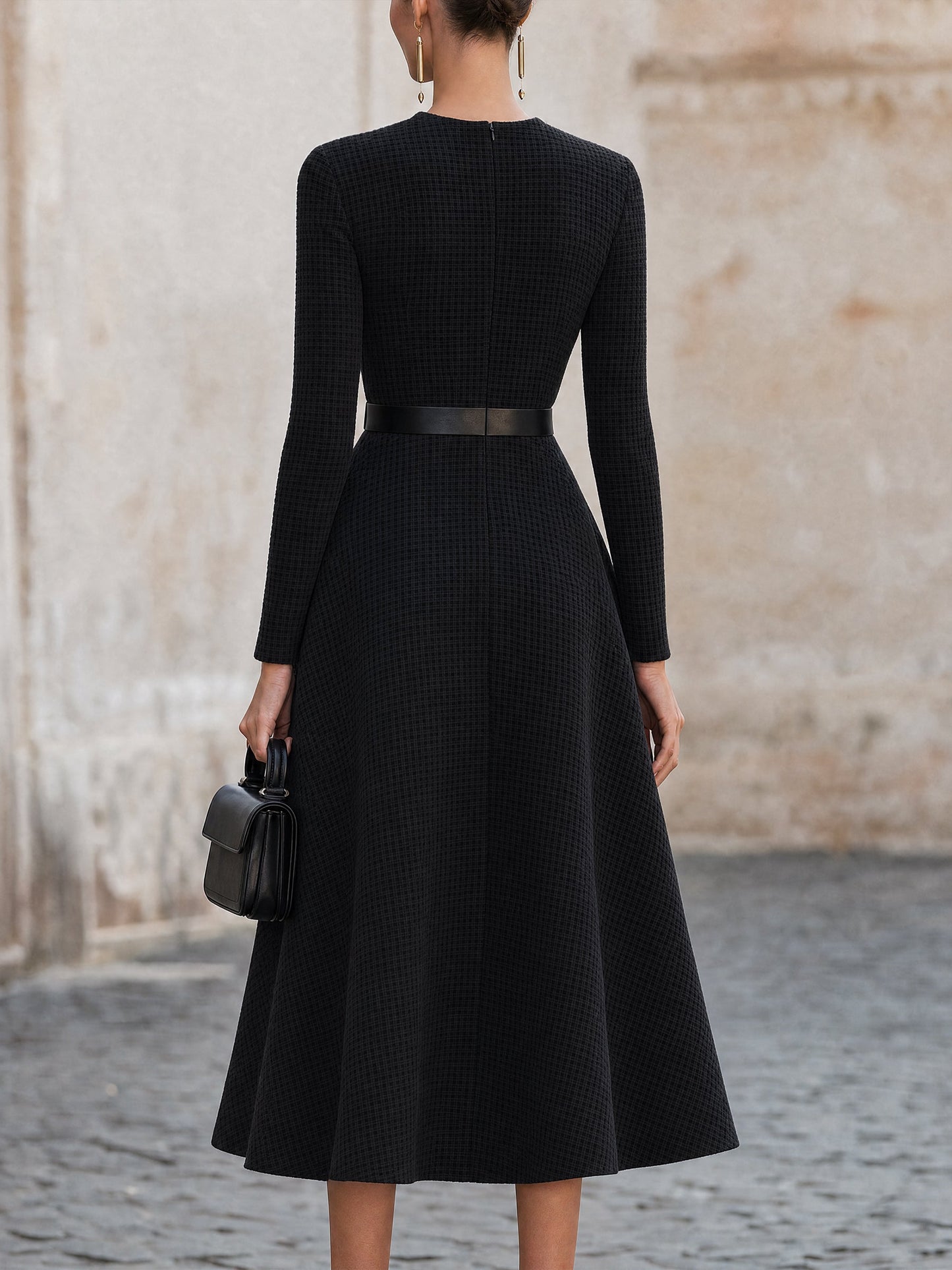 Waffle Knit Belted Flare Midi Dress