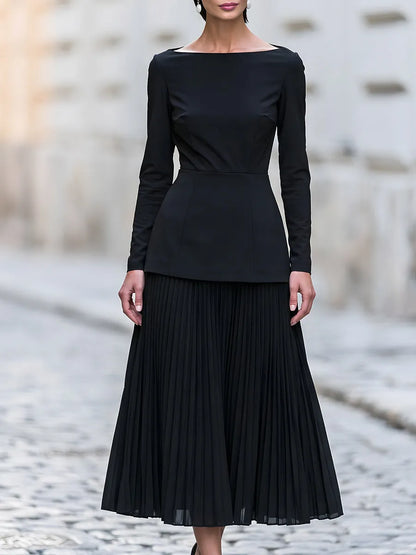 Elegant Boat Neck Top And Pleated Midi Skirt Set