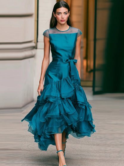 Cap Sleeve Mesh Neck Satin Wrap Dress Multi-Layer Ruffle Asymmetrical Hem