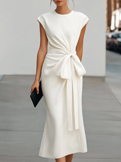 Waist-Tie Cap Sleeves Sculpted Midi Dress