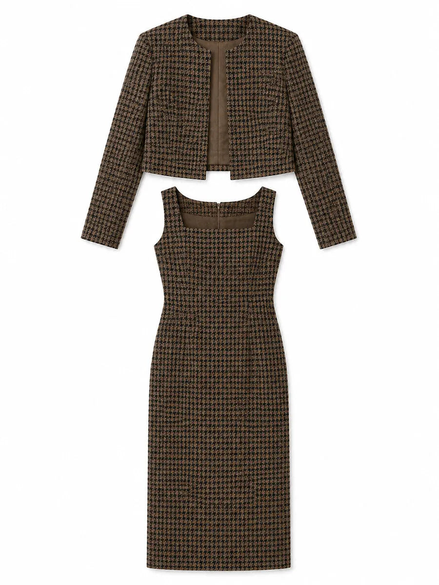 Houndstooth  Blazer & Square Neck Midi Pencil Dress Two-Piece Set