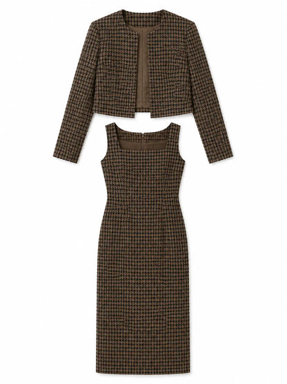 Houndstooth  Blazer & Square Neck Midi Pencil Dress Two-Piece Set