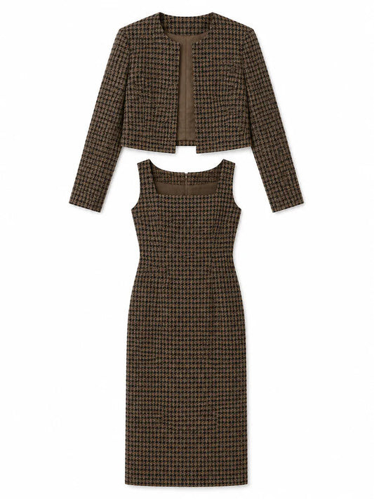 Houndstooth  Blazer & Square Neck Midi Pencil Dress Two-Piece Set