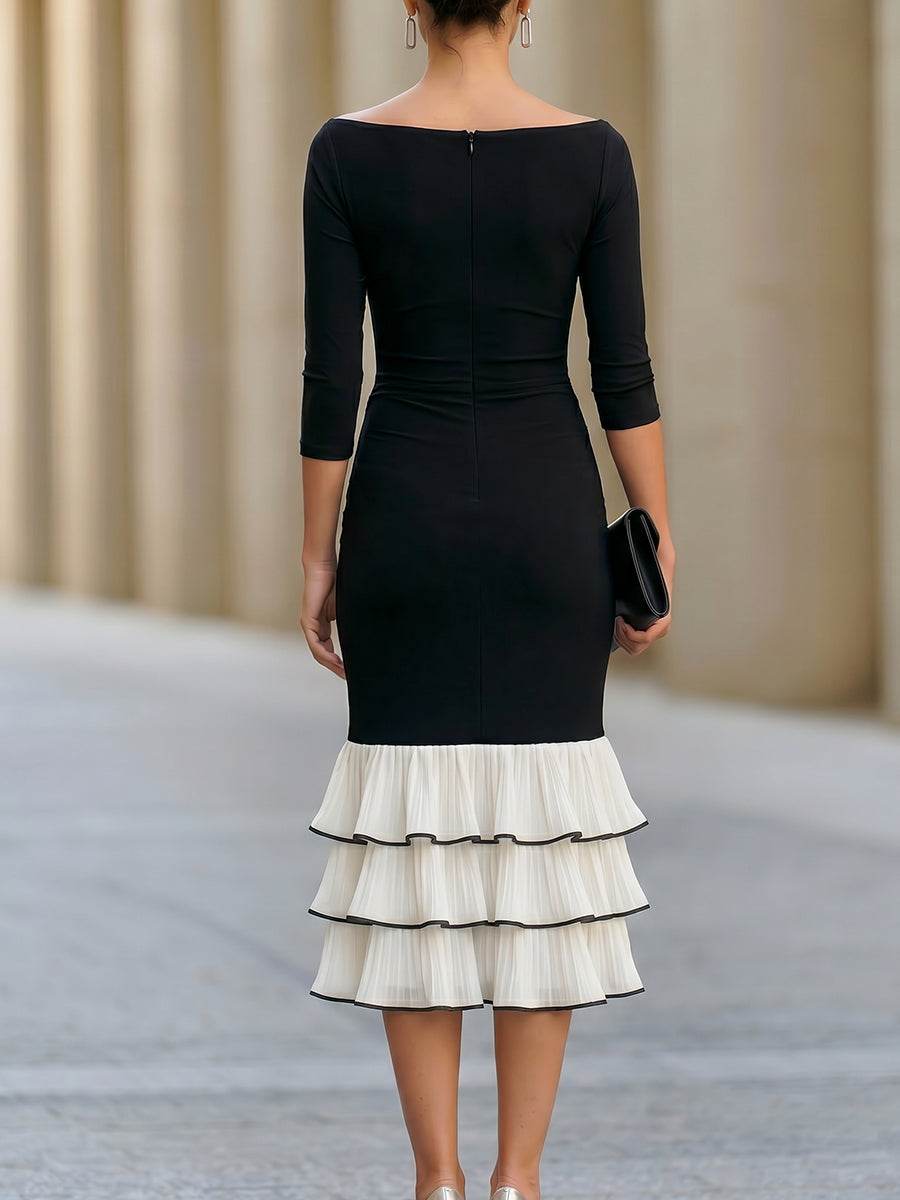 Sheath Midi Dress With Tiered White Ruffle Hem Contrast Trim