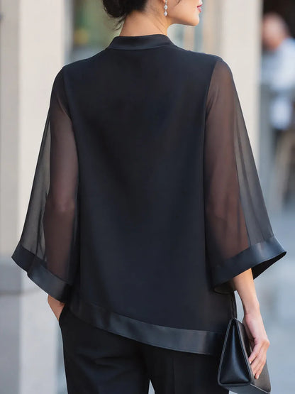 Sheer Flared Sleeve Cowl Neck Blouse With Satin Trim