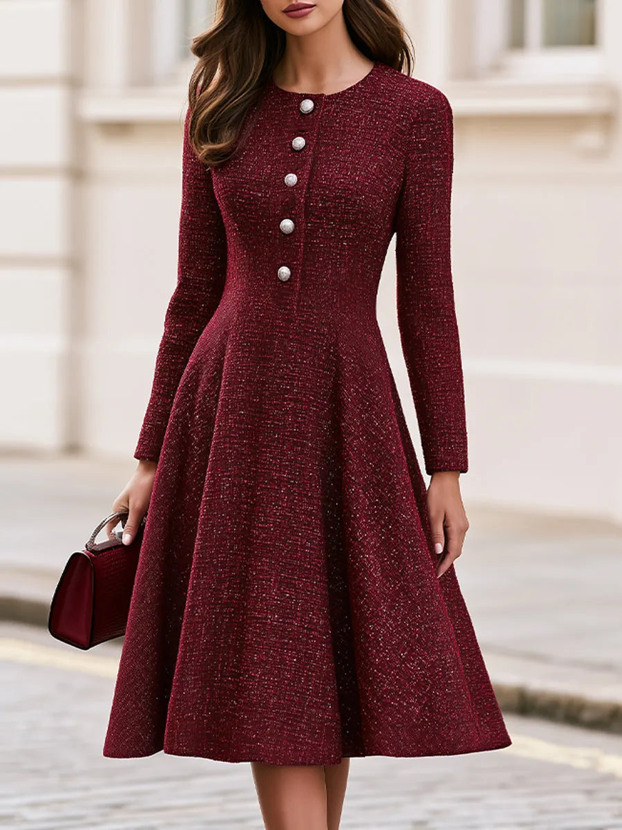 Tweed Round Neck Long Sleeve Fit & Flare Midi Dress
