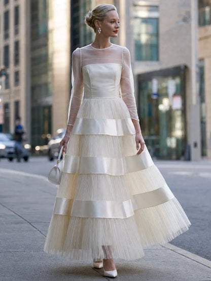 Elegant Sheer Long Sleeve Tiered Tulle Evening Gown