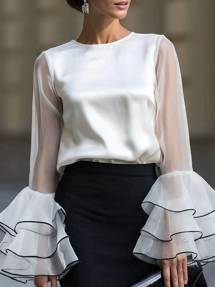 Sheer Ruffle Sleeve Satin Blouse & High-Waist Pencil Skirt Set