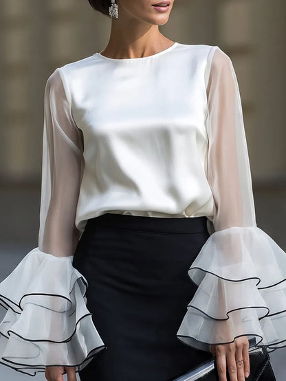 Sheer Ruffle Sleeve Satin Blouse & High-Waist Pencil Skirt Set
