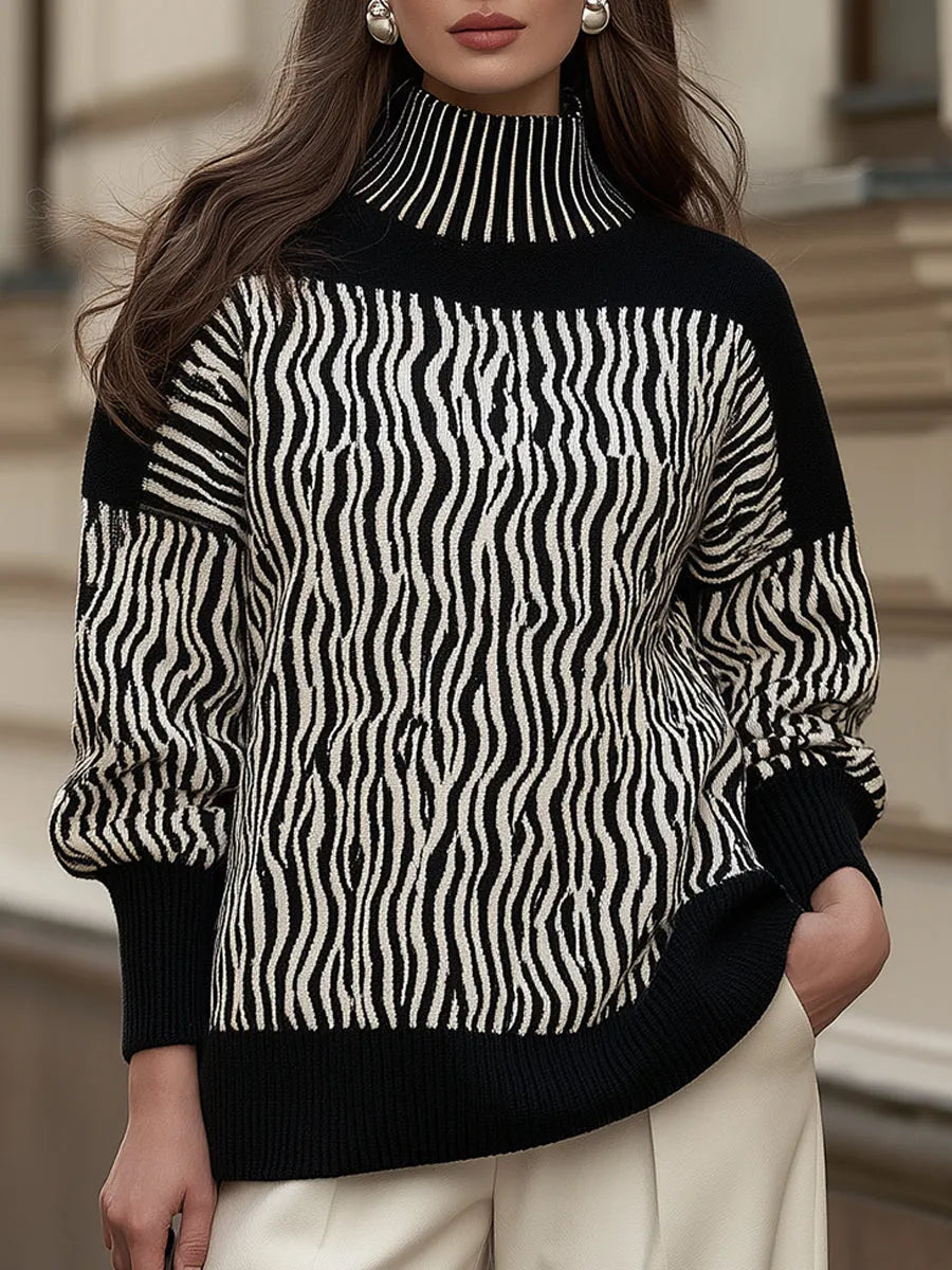 Abstract Stripe Mock Neck Knit Sweater