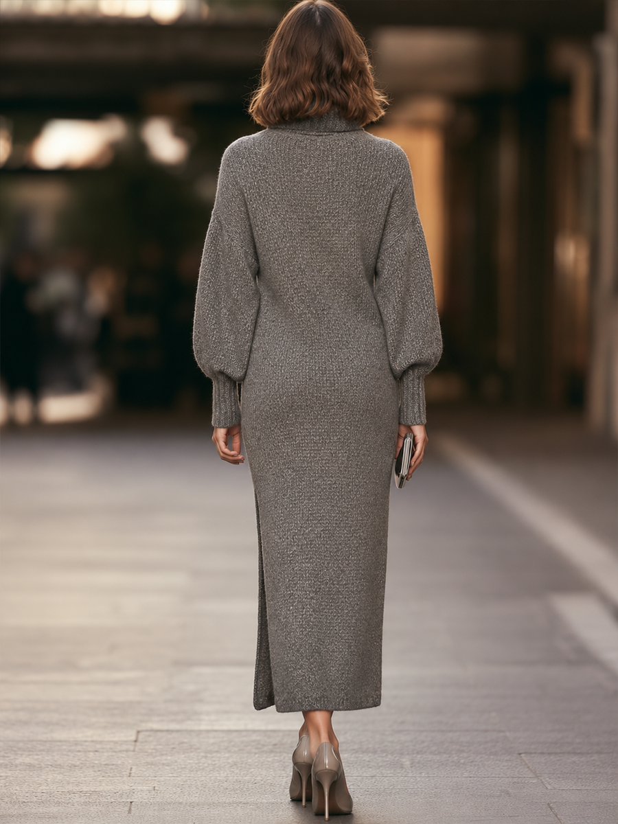 Turtleneck Balloon Sleeve Ribbed Knit Maxi Dress