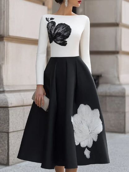 Elegant Contrast Floral Embroidery Long Sleeve Midi Dress