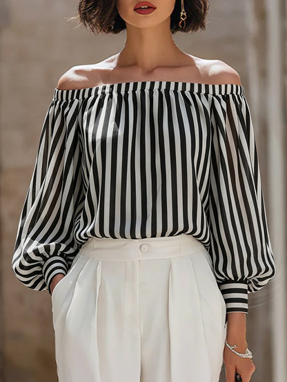 Chic Off-the-Shoulder Striped Blouse & High-Waisted Tailored Trousers Set