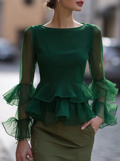 Organza Ruffle-Sleeve Peplum Top