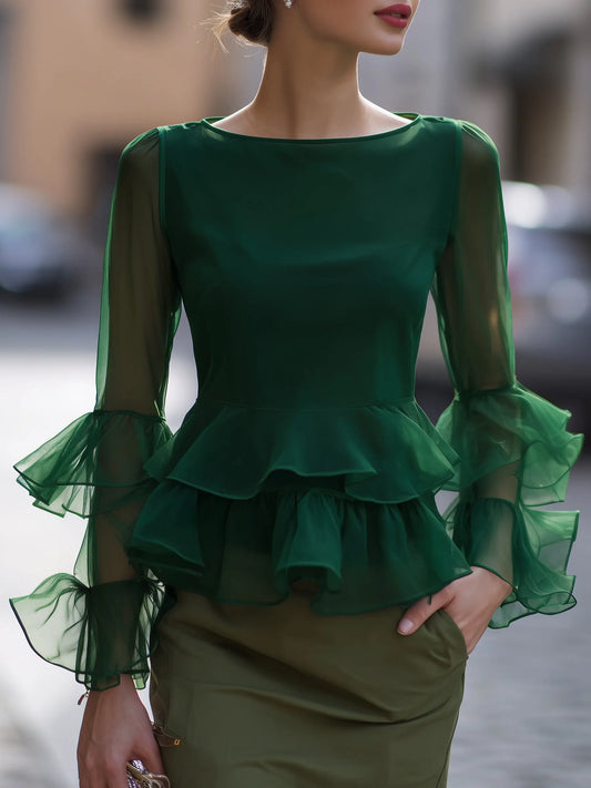 Blusa Peplum com Babados nas Mangas em Organza