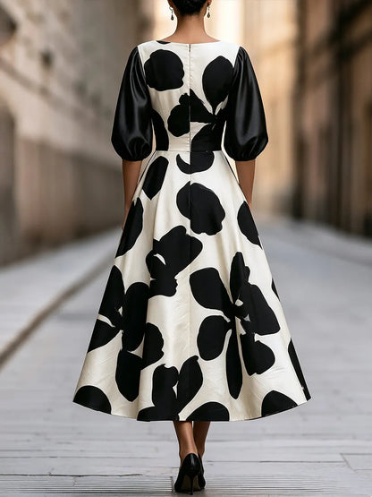 Black And Ivory Abstract Floral Puff Sleeve Maxi Dress