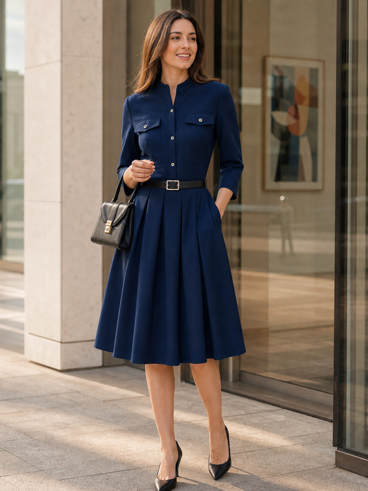 Robe midi plissée ceinturée à col officier et manches 3/4