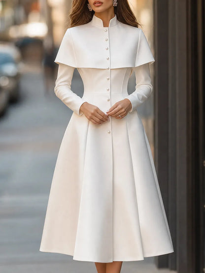 Cape-Overlay Pearl Button High-Neck Midi Dress