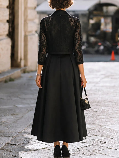 Satin V-Neck Midi Dress & Lace Sleeve Blazer Two-Piece Set