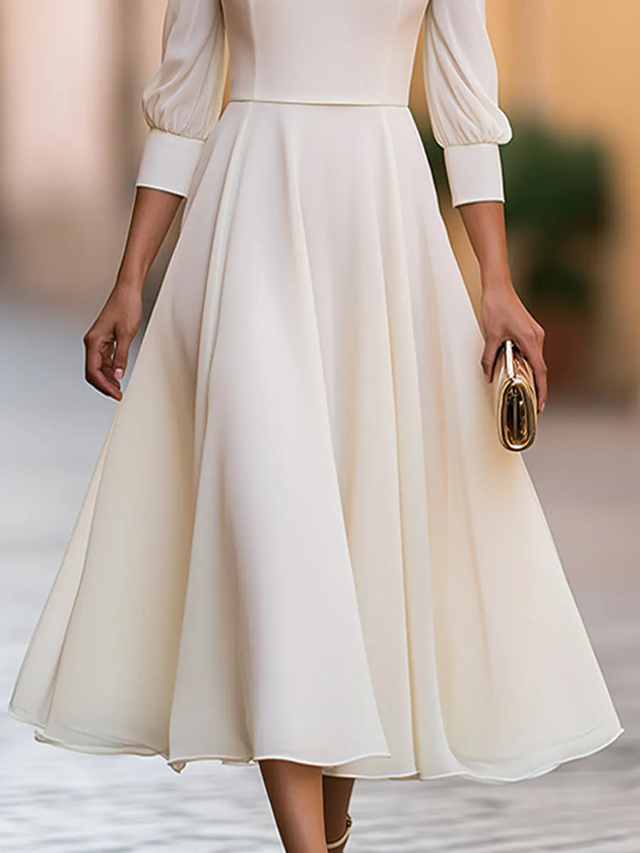 Bateau Neck Bishop Sleeve A-Line Midi Dress