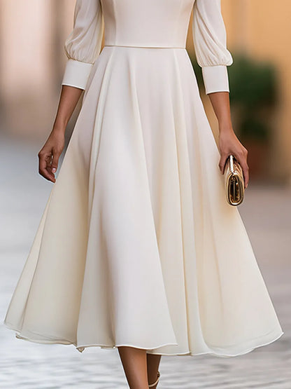 Bateau Neck Bishop Sleeve A-Line Midi Dress