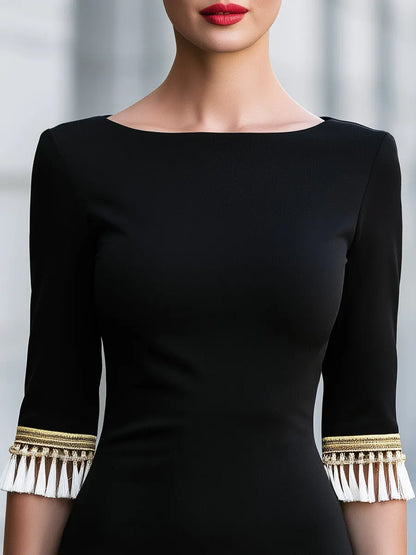 Tassel Trim Boat Neck Slim-Fit Midi Dress