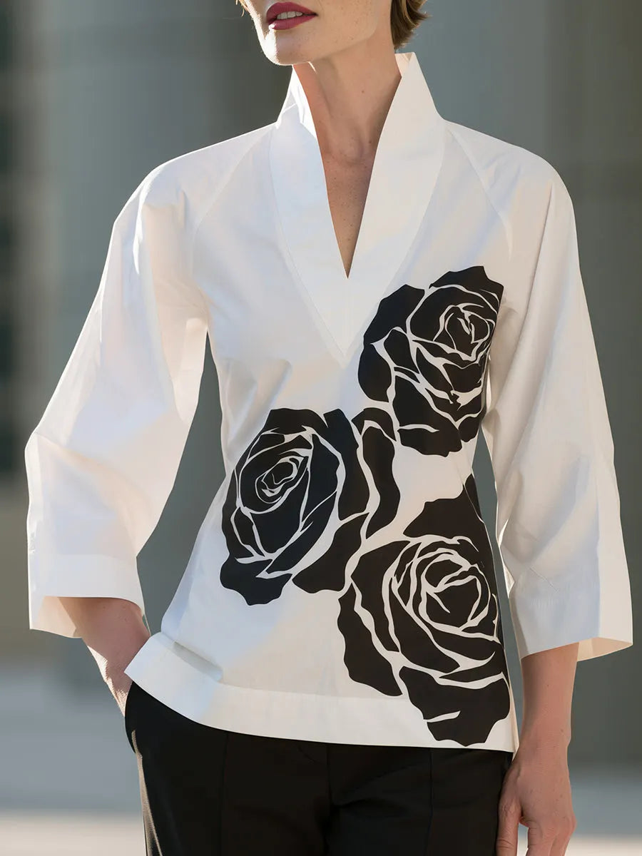 Rose Floral Print V-Neck Blouse