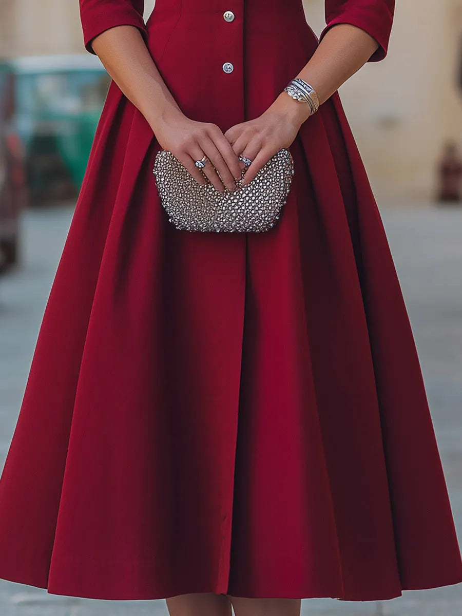 Rhinestone Embellished Bow Collar Red Tailored Swing Midi Dress