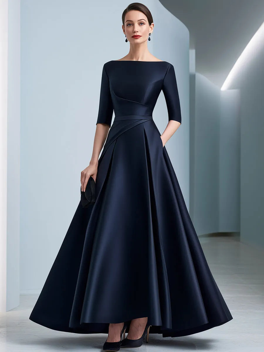 Draped Waist Bateau Neck Satin A-Line Evening Gown