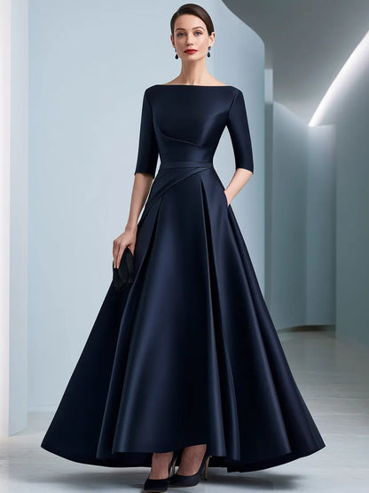 Draped Waist Bateau Neck Satin A-Line Evening Gown