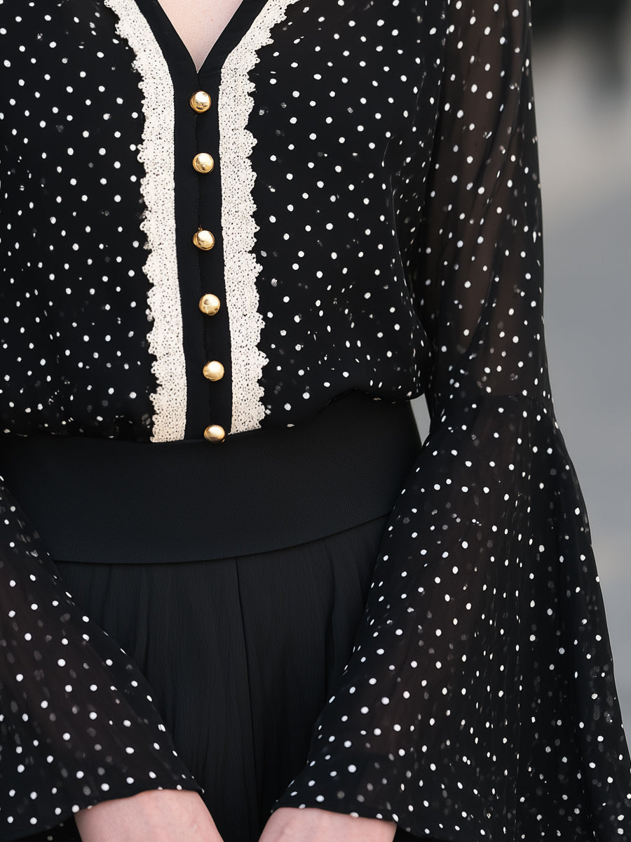 Flared Cuffs Polka Dot Chiffon Lace Trim Blouse