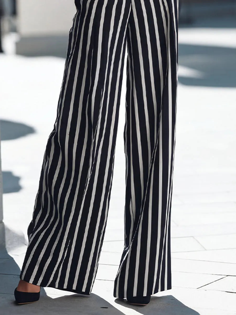 Mock Neck Striped Sleeveless Top & Wide-Leg Trousers Set