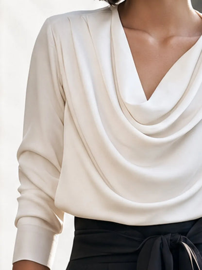 Draped Cowl-Neck Long-Sleeve Blouse