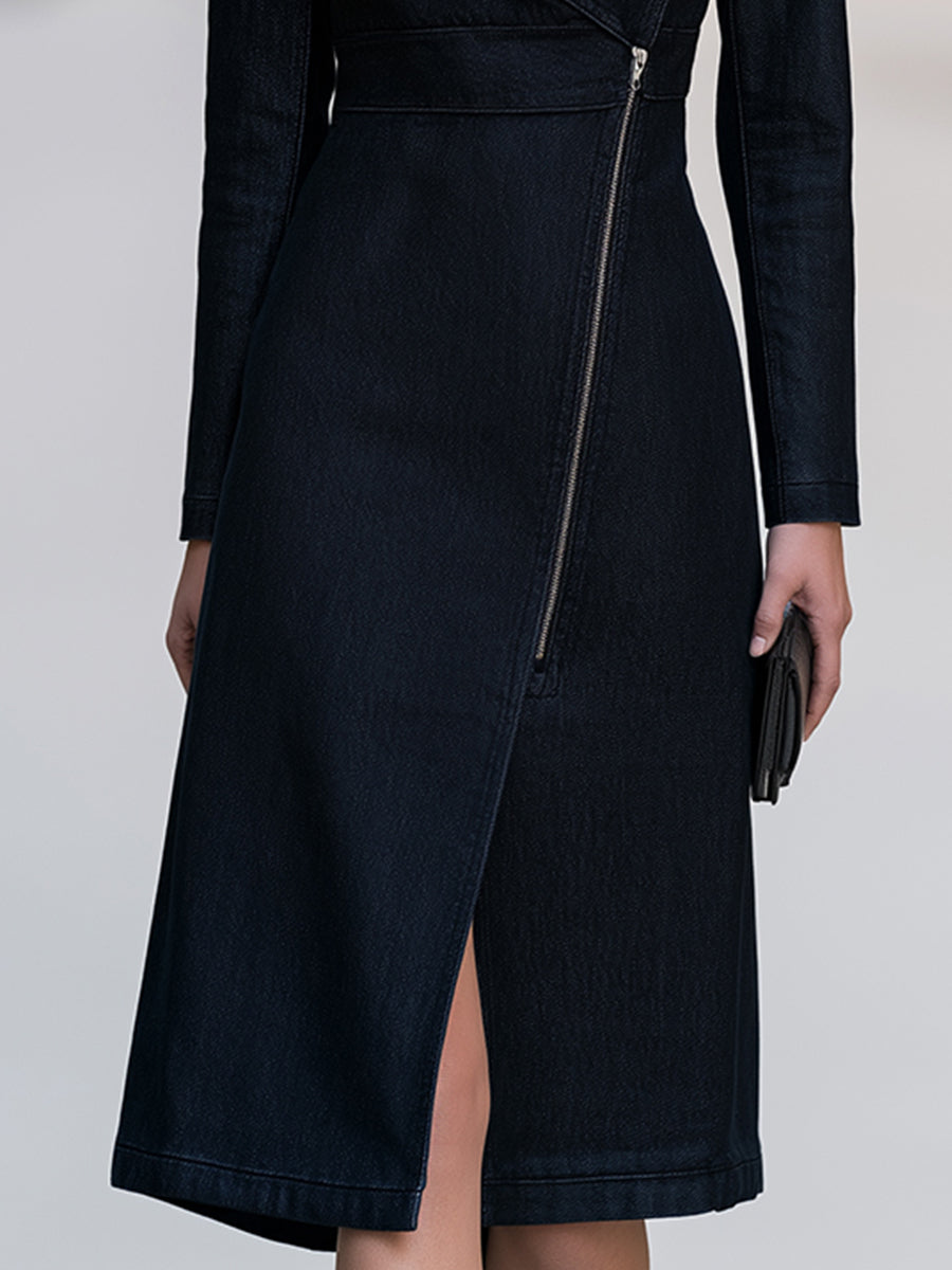 Asymmetric Zip Denim Wrap Midi Dress