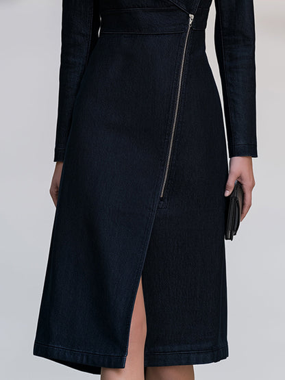 Asymmetric Zip Denim Wrap Midi Dress