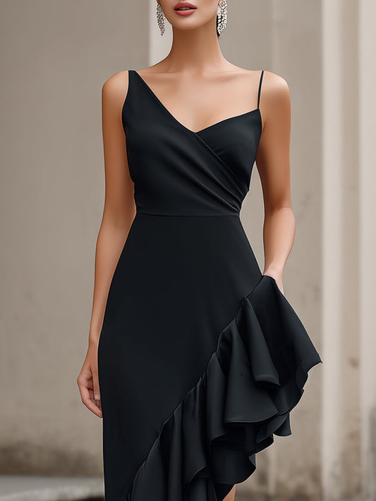 Asymmetric Ruffle Hem Slip Midi Dress