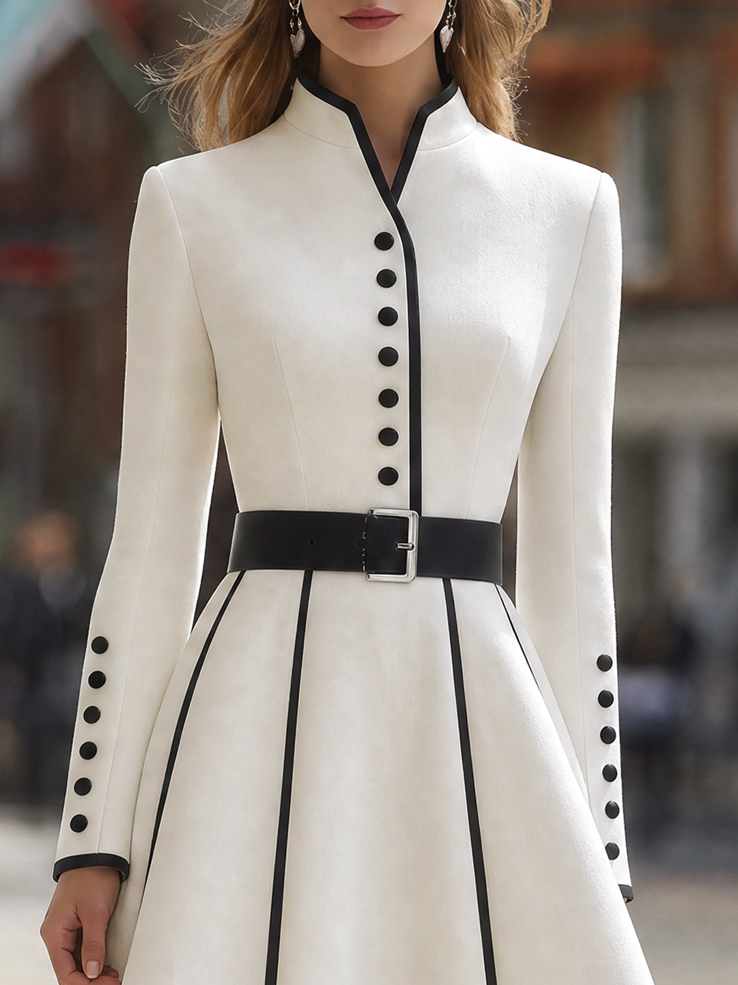 Contrast Trim Belted Flare Midi Dress