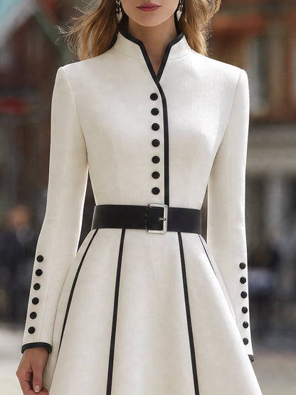 Contrast Trim Belted Flare Midi Dress