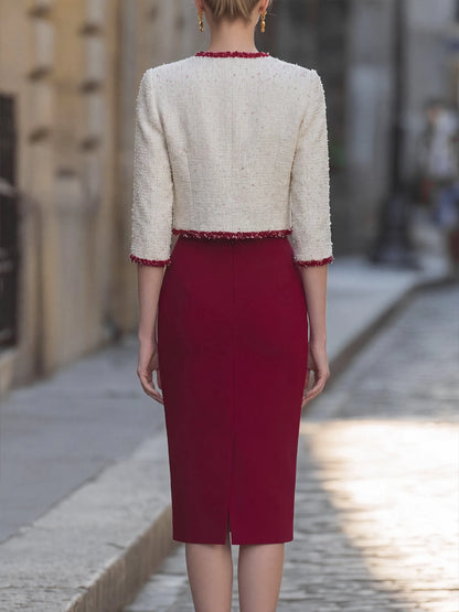 Textured Tweed Cropped Jacket And Pencil Skirt Tailored Set