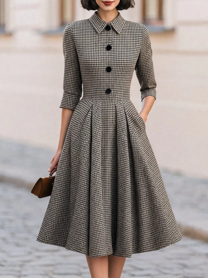 Houndstooth Collared 3/4 Sleeve Button Front A-Line Midi Dress