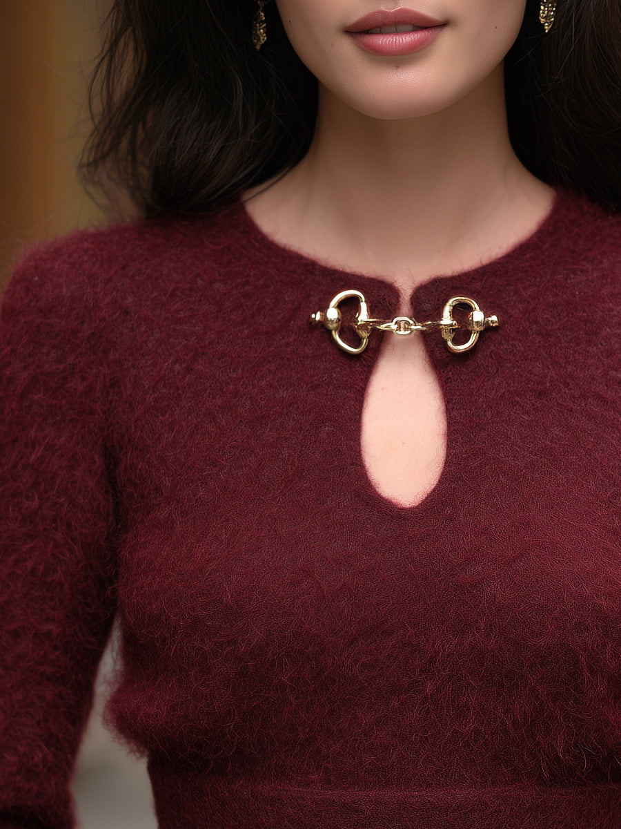 Fuzzy Knit Keyhole Waist-Defined Sweater