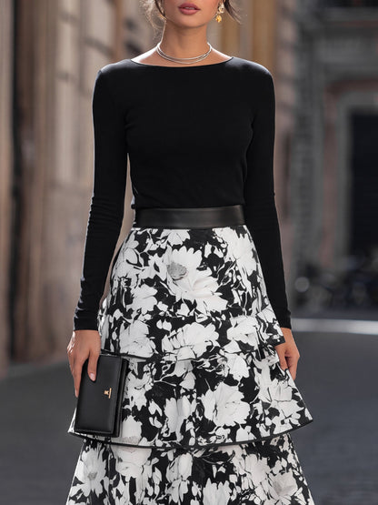 Fitted Top And Tiered Floral Print Midi Skirt Set