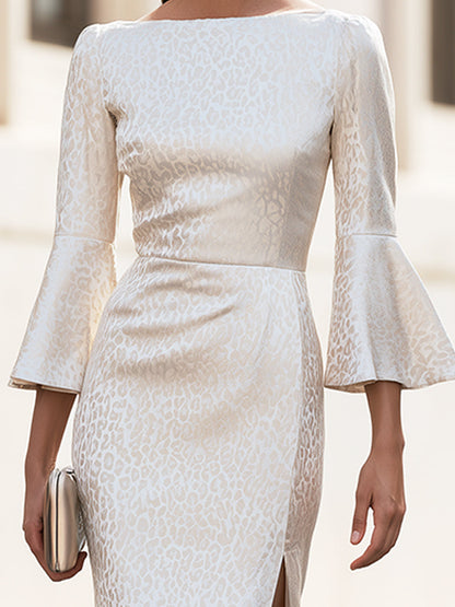 Mid-Length Dress Flared Sleeves Subtle Leopard-Print Jacquard Pattern
