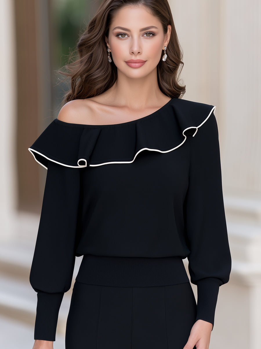 One Shoulder Ruffle Neck Long Sleeve Top