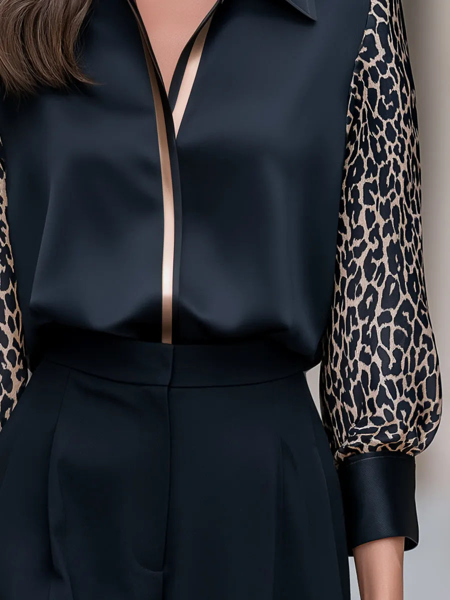 Classic Shirt Collar Leopard Print Sleeve Satin Blouse