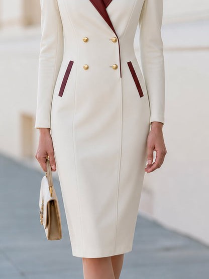 Burgundy Faux Leather Lapel Blazer Midi Dress