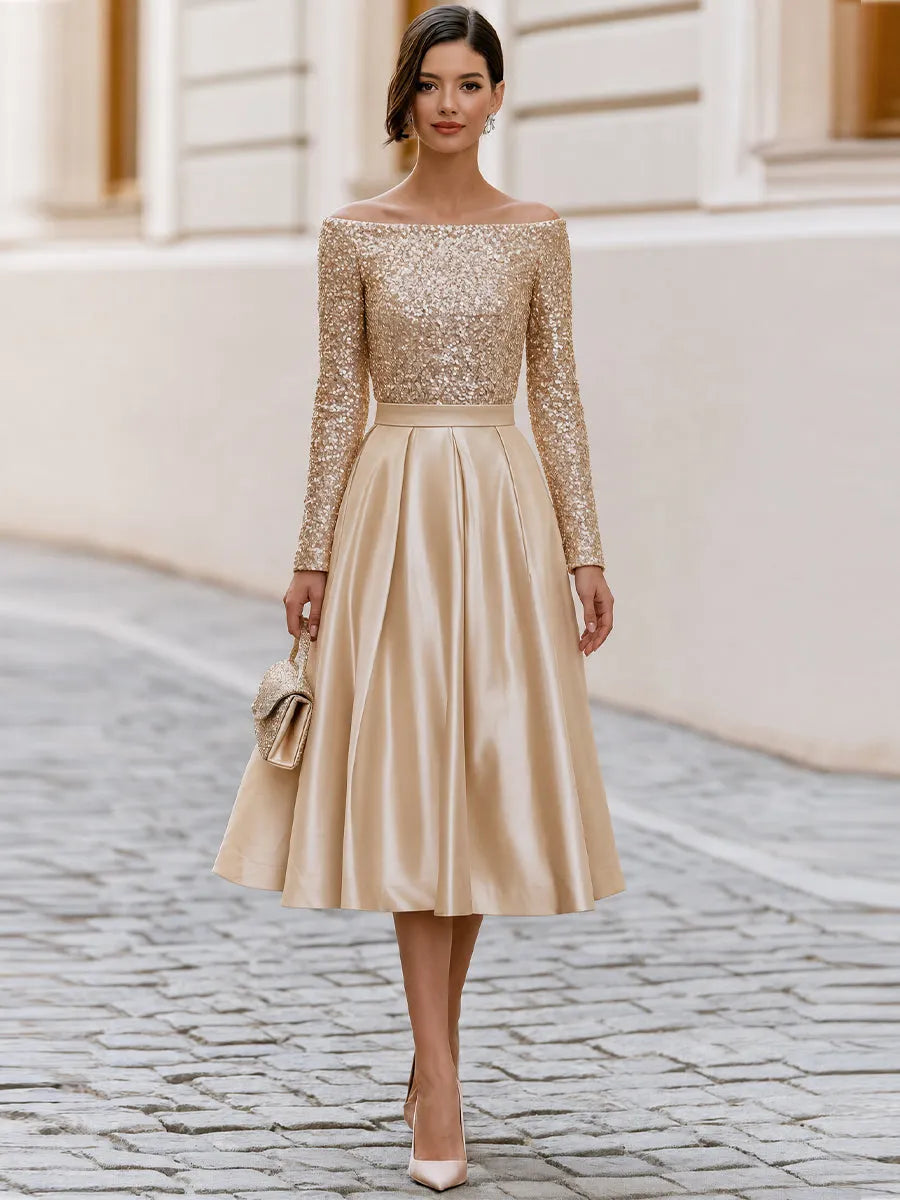 Off Shoulder Sequin Long Sleeve Satin Pleated Midi A-Line Cocktail Dress